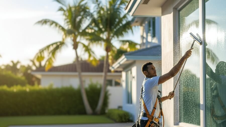 Professional window cleaning service on a Miami residential home exterior